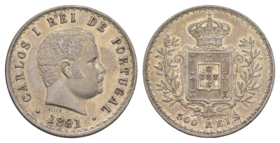 Португалия 500 реалов (рейсов) 1891 Карлуш I (1889-1908) KM 535 серебро 3896-121