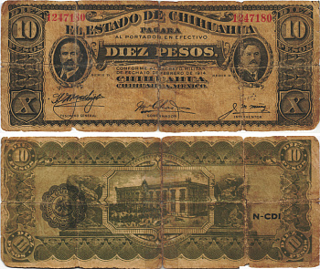 Мексика, Революция 10 песо 1914 штат Чиуауа, без даты, черная зубчатая печать Pick S533e бумага 6278-66-2