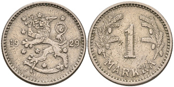 ФИНЛЯНДИЯ 1 МАРКА 1929 S KM 30 медно-никель 4563-626