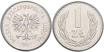 ПОЛЬША 1 ЗЛОТЫЙ 1987 MW KM 49.2, Parchimowicz 214b алюминий 4551-1045