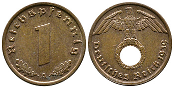 Германия 1 рейхспфенниг 1939 A KM 89, J. 361 бронза    220-353