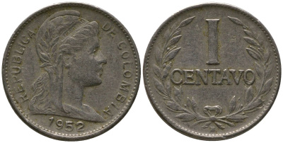 Колумбия 1 сентаво 1952 B, устаревшая дата 1952/12 KM 275a, Schon 12a, Hernandez 331, Restrepo 349 сталь плакированная никелем 4576-1213