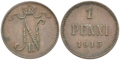 РОССИЯ ДЛЯ ФИНЛЯНДИИ 1 ПЕННИ 1915 НИКОЛАЙ II KM 13, Биткин 475 медь 4396-1464