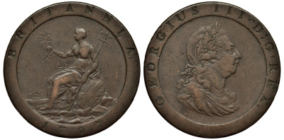 Великобритания 1 пенни 1797 Георг III (1760-1820) KM 618, Spink 3777 медь 1524-1322