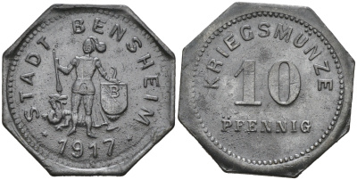 ГЕРМАНИЯ ГЕССЕН БЕНСХАЙМ 10 ПФЕННИГОВ 1917 КРИГСГЕЛЬД цинк 75-1641