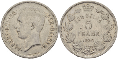 БЕЛЬГИЯ 5 ФРАНКОВ 1930 BELGEN KM 98 никель 82-1142