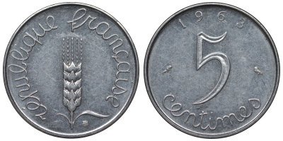 Франция 5 сантимов 1963 KM 927, Le Franc 124.5 хромированная сталь 4128-136