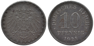 Германия 10 пфеннигов 1921 A KM 20, J. 298 железо 4119-245