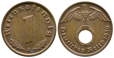 Германия 1 рейхспфенниг 1939 A KM 89, J. 361 бронза    220-353