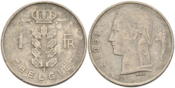 Бельгия 1 франк 1953 Belgie KM 143.1 медно-никель    4592-1147