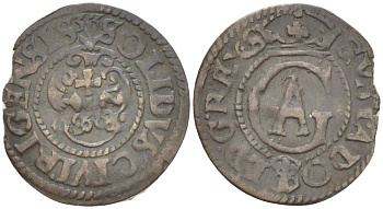 Ливония 1 солид (шелаг, шиллинг) 1633 ГУСТАВ II АДОЛЬФ (1611-1632), ШВЕДСКАЯ ОККУПАЦИЯ, ВЕС 0,39 KM 9 серебро 1517-1045
