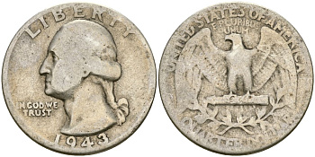 США 25 центов = квотер 1943 Вашингтон KM 164 серебро 4573-1232