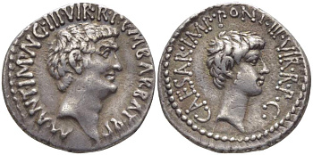 Римская Республика денарий 41 г. до н.э. Марк Антоний и Октавиан, квестор М. Барбатий Поллион M ANT IMP AVG IIIVIR R P C M BARBAT Q P голова Марка Антония, обращенная вправо / CAESAR IMP PONT IIIVIR R P C голова Октавиана, обращенная вправо,