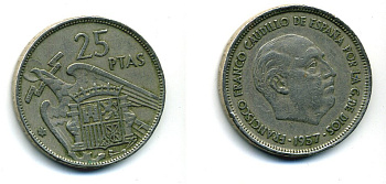 ИСПАНИЯ 25 ПЕСЕТ 1957 (68) ФРАНСИСКО ФРАНКО ДИКТАТОР ИСПАНИИ (1939-1975) KM 787 медно-никель 36-321