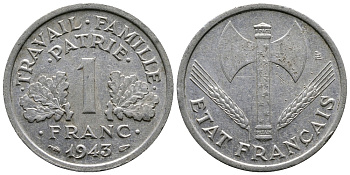 ФРАНЦИЯ 1 ФРАНК 1943 LB, ТИП LEGERE, ПРАВИТЕЛЬСТВО ВИШИ KM 902.1, LE FRANC 223.3 алюминий 83-1941