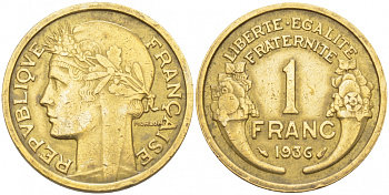 ФРАНЦИЯ 1 ФРАНК 1936 KM 885 алюминиевая бронза 4402-852