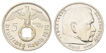Германия 5 рейхсмарок 1939 J, Пауль фон Гинденбург (1847-1934) KM 94, J. 367 серебро 1517-1142