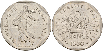 Франция 2 франка 1980 сеятель KM 942.1 никель    4601-921