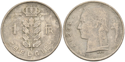 Бельгия 1 франк 1953 Belgie KM 143.1 медно-никель    4592-1147