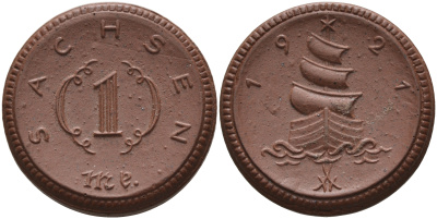 Саксония 1 марка 1921 парусник J. N 55 фарфор 1094-3-13