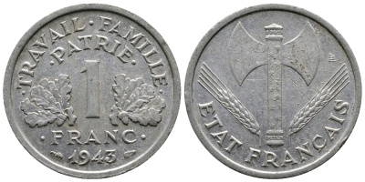 ФРАНЦИЯ 1 ФРАНК 1943 LB, ТИП LEGERE, ПРАВИТЕЛЬСТВО ВИШИ KM 902.1, LE FRANC 223.3 алюминий 83-1941