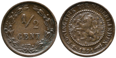 НИДЕРЛАНДЫ 1/2 ЦЕНТА 1891 ВИЛЬГЕЛЬМИНА I (1890-1948) KM 109 бронза 100-556