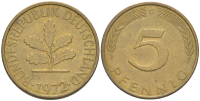 ФРГ 5 ПФЕННИГОВ 1972 G KM 107, J. 382 сталь плакированная латунью 4181-936