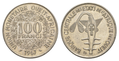 Западная Африка (BCEAO) 100 франков 1967 Центральный банк государств Западной Африки KM 4 никель UNC 4642-315