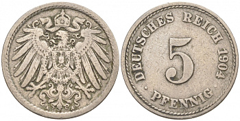 ГЕРМАНИЯ 5 ПФЕННИГОВ 1904 A, KM 11, J. 12 медно-никель 73-1754