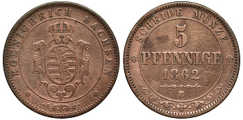САКСОНИЯ 5 ПФЕННИГОВ 1862 B, ЙОХАНН (1854-1873) KM 1218 медь 75-736