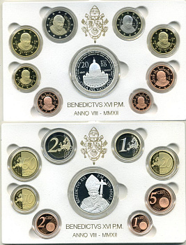 Ватикан евронабор из 8 монет + 20 евро 2012 Бенедикт XVI, в оригинальной коробке, с сертификатом KM NEW биметалл PROOF 5-4-6-03