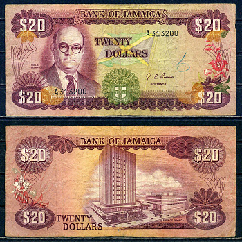 Ямайка 20 долларов L. 1960, ND (1976) Pick 63 бумага 6278-7-1-2