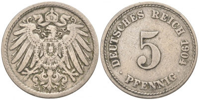 ГЕРМАНИЯ 5 ПФЕННИГОВ 1904 A, KM 11, J. 12 медно-никель 73-1754