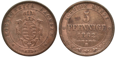 САКСОНИЯ 5 ПФЕННИГОВ 1862 B, ЙОХАНН (1854-1873) KM 1218 медь 75-736
