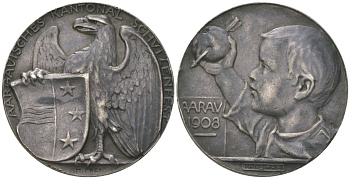 Швейцария стрелковая медаль 1908 кантональный фестиваль в Ааргау, вес 10,5 грм, диаметр 28 мм Richter 32b серебро    00-902-13