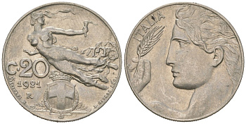 Италия 20 чентезимо 1921 R, Виктор Эммануил III (1900-1946) KM 44 никель 4615-632