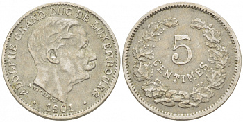 Люксембург 5 сантимов 1901 герцог Адольф (1890-1905) KM 24 медно-никель 3955-564