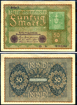 Германия 50 марок 1919 24 июня 1919, reihe I, серия AD, выпуск с 1920 года Pick 66 (3), Rosenberg 62c бумага 8619-29-1-2