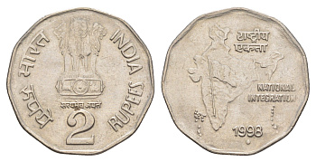 Индия 2 рупии 1998 монетный двор точка KM 121.3 медно-никель UNC 4650-1126