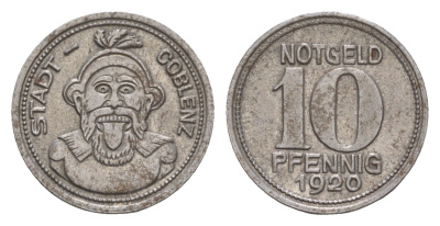 Кобленц 10 пфеннигов 1920 Funck 80.3, Men05 4526.8, Men18 5727.8 железо 4659-359