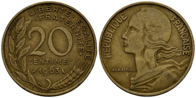 Франция 20 сантимов 1963 KM 930 алюминиевая бронза 4138-343