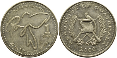 Гватемала 1 кетсаль 2000 маленькие буквы KM 284 латунь 4389-441