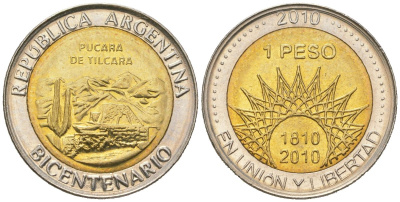 Аргентина 1 песо 2010 200 лет Аргентине - развалины крепости Пукара около г. Тилькара KM 159 биметалл UNC 4620-646