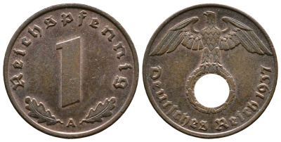 Германия 1 рейхспфенниг 1937 A KM 89, J. 361 бронза    220-212