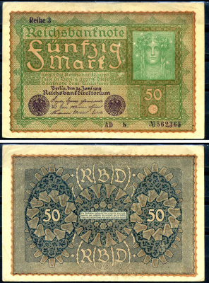 Германия 50 марок 1919 24 июня 1919, reihe I, серия AD, выпуск с 1920 года Pick 66 (3), Rosenberg 62c бумага 8619-29-1-2