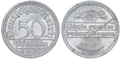 Германия 50 пфеннигов 1922 A KM 27, J. 301 алюминий aUNC 4114-1057