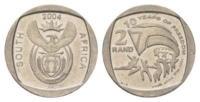 ЮАР 2 ранда 2004 10 лет первым всеобщим выборам KM 334 медь плакированная никелем UNC 4628-131