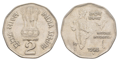 Индия 2 рупии 1998 монетный двор точка KM 121.3 медно-никель UNC 4650-1126