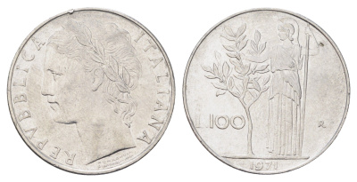 Италия 100 лир 1971 R, Афина в доспехах KM 96.1 нержавеющая сталь 4704-716