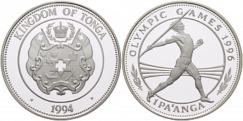 Тонга 1 паанга 1994 XXVI Олимпийские игры 1996 года в Атланте, копьеметатель KM 159 серебро PROOF 11-136-33